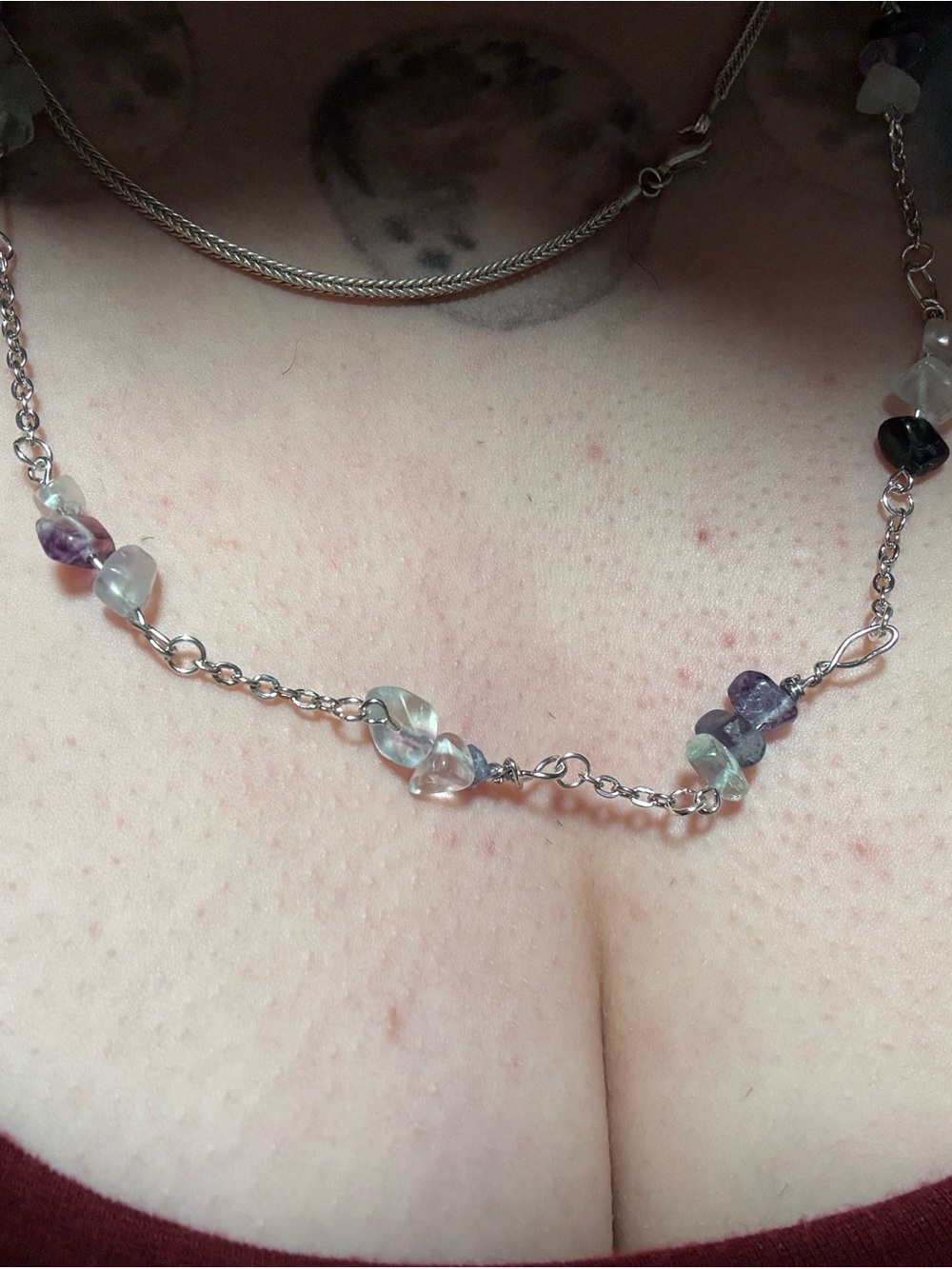 Silver Chain Necklace with Purple and Clear Bead Accents by